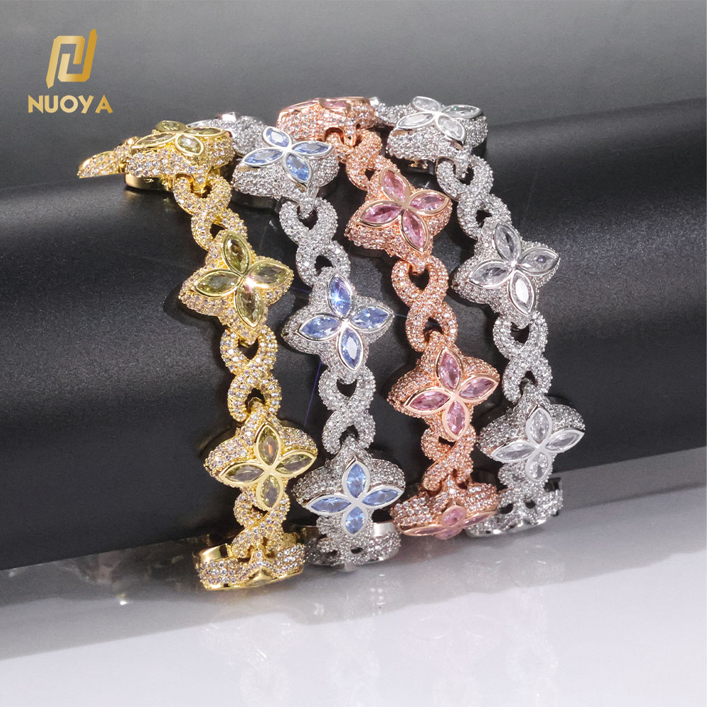 Iced Hip Hop Jewelry 8mm Diamond Flower Chain Clover Bracelet Silver Cube Zirconia Anniversary Party Gift