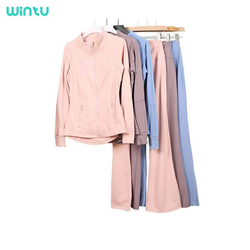 Lulu Women's Two-Piece Yoga Recliner Set: Solid Pattern Jogging Jacket with Flared Pants, Elastic Waist-Slimming Autumn Fitness Set